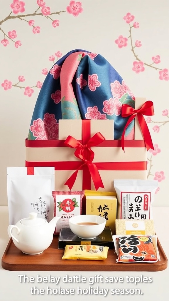 Japanese Christmas Wishlist Ideas A festive arrangement of Japanese gifts including a tea set, furoshiki, and snacks, set against a cherry blossom backdrop.